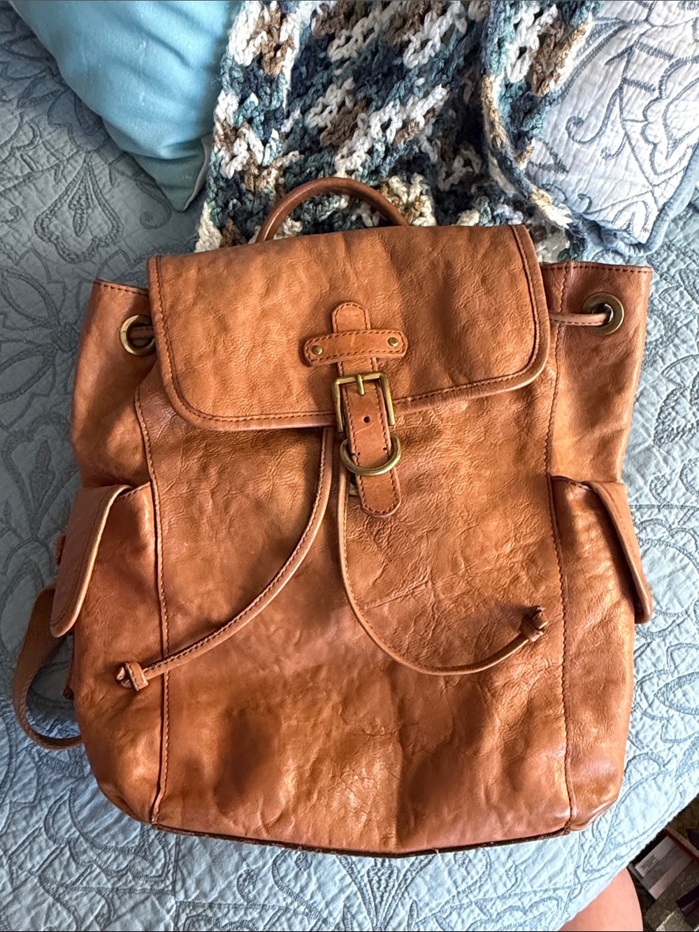 PREOWNED Vintage Fossil Classic Tan Leather Backpack Medium Size